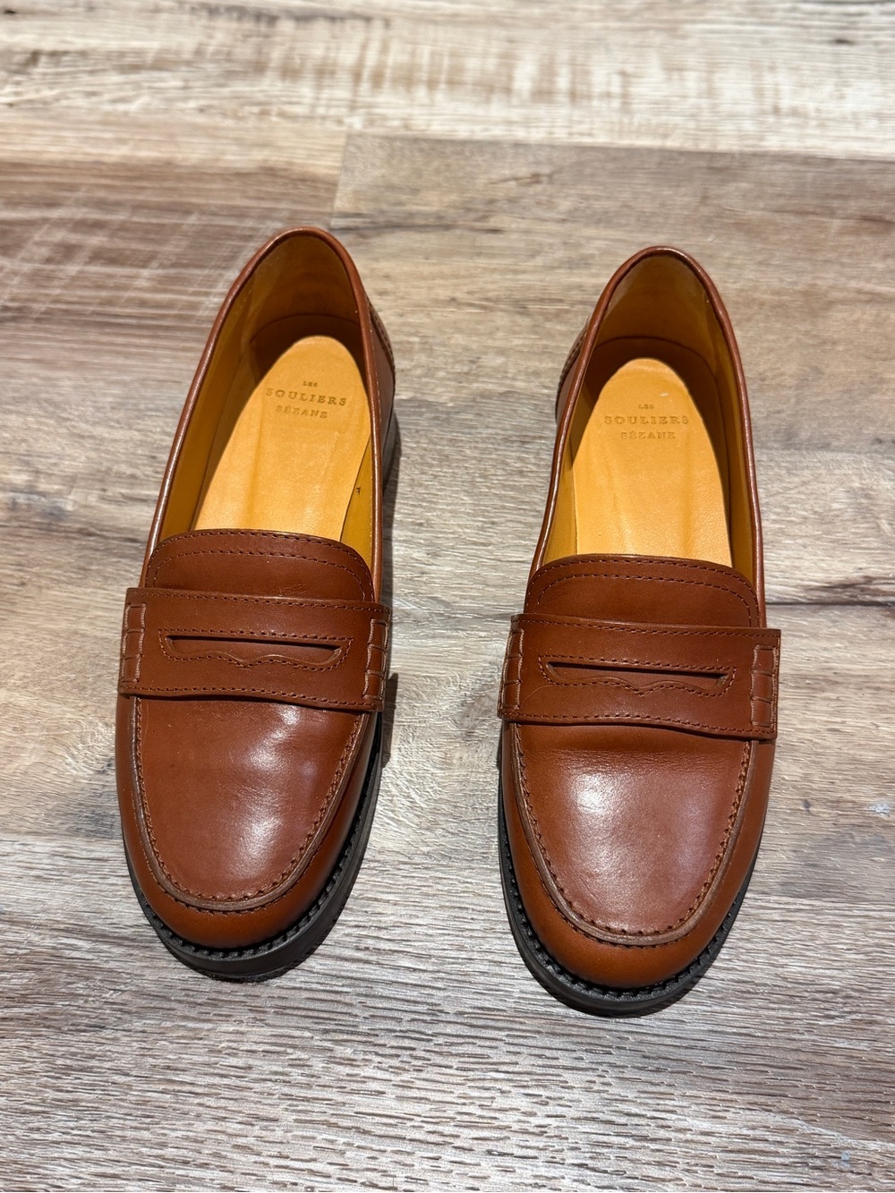 Sezane Chestnut Leather Classic Penny Loafers